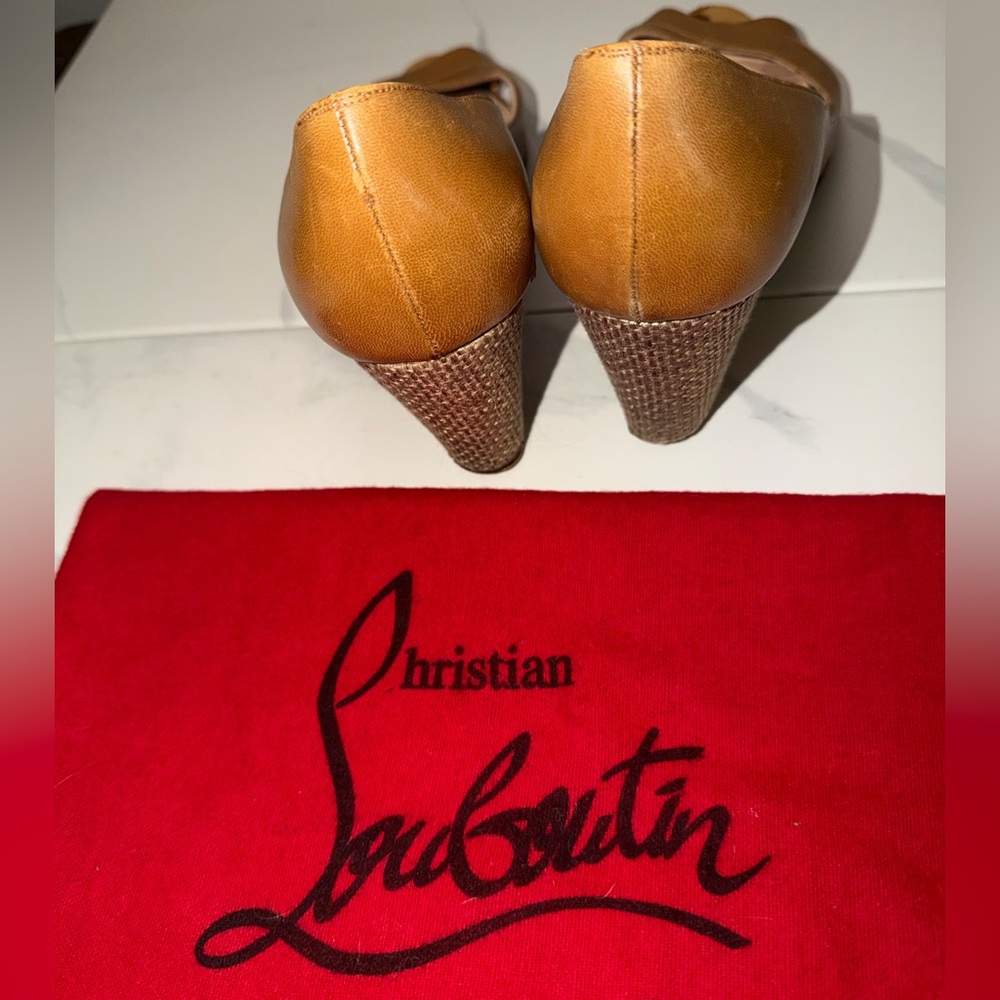 Christian Louboutin Tan Leather Wedge Espadrilles Red Bottom PeepToe Heels EU40 - Picture 6 of 13